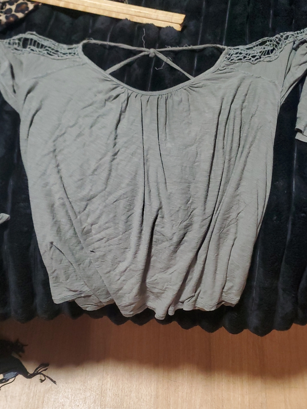 Vintage Havana Olive Green Off-Shoulder Crochet-Trim Top